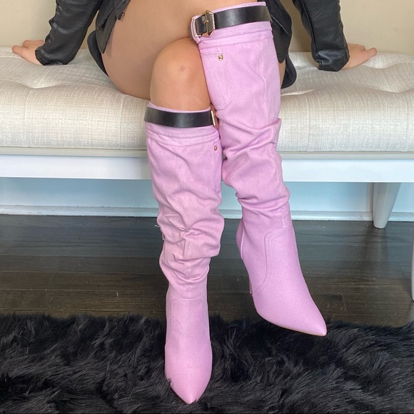 Heeled Buckled Pink Denim Boots - Picture 9 of 14